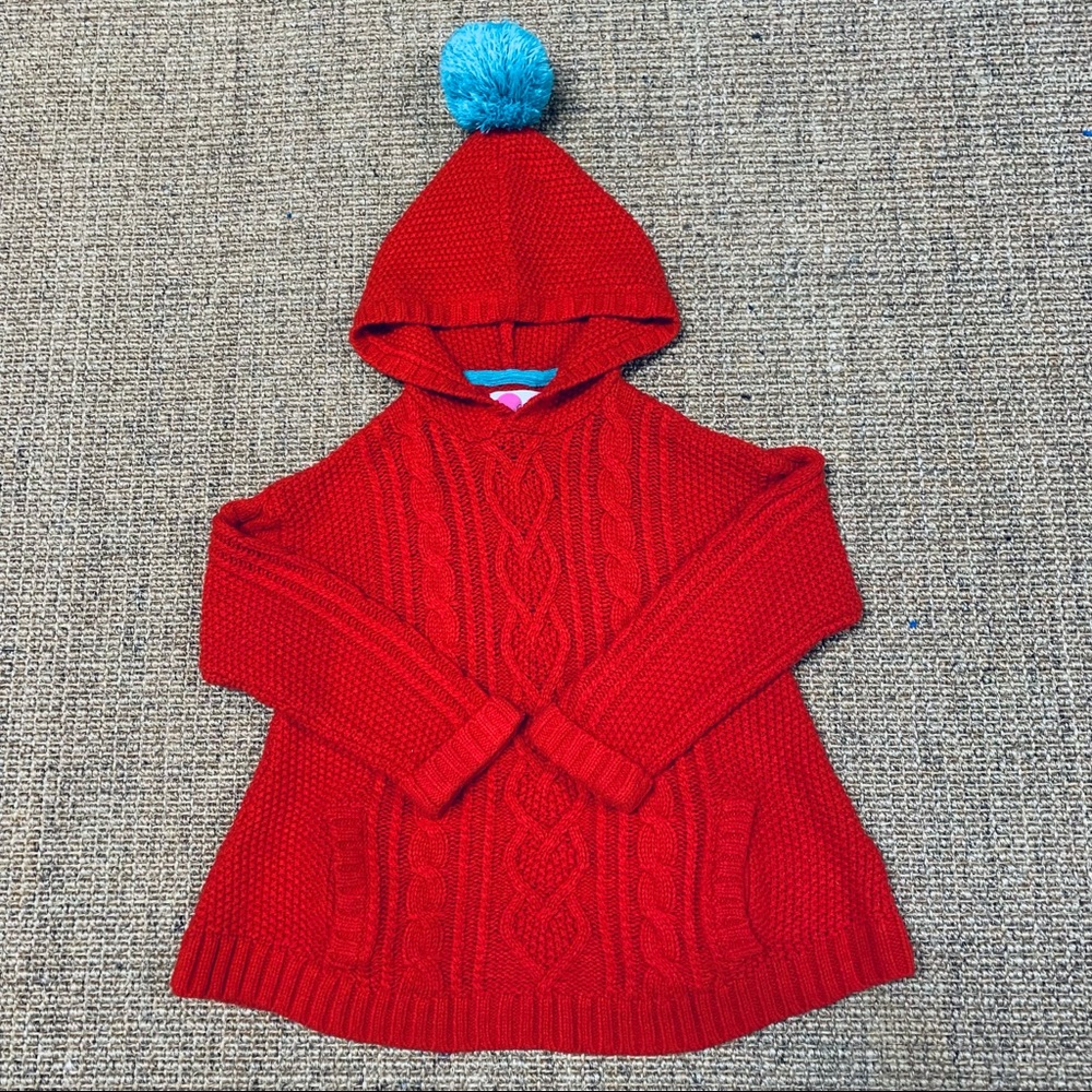 Mini Boden Red Cable Knit Sweater with Blue Pom-Pom